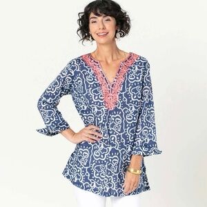 RockFlowerPaper BluThreads Millie Navy Blue 100% Cotton Embroidered Kurta Tun…